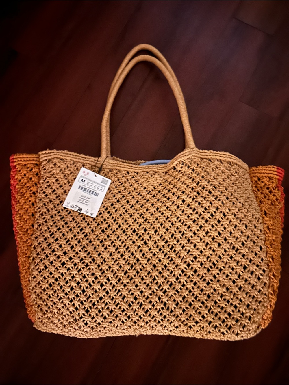🆕 Zara Woven Straw Tote Bag in Natural with Orange Accent -